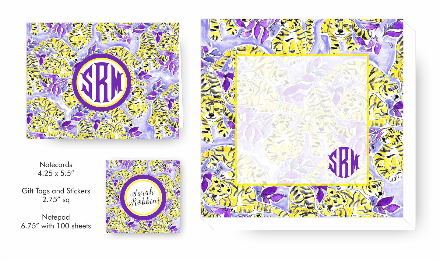 Tiger Notecards, Purple & Gold