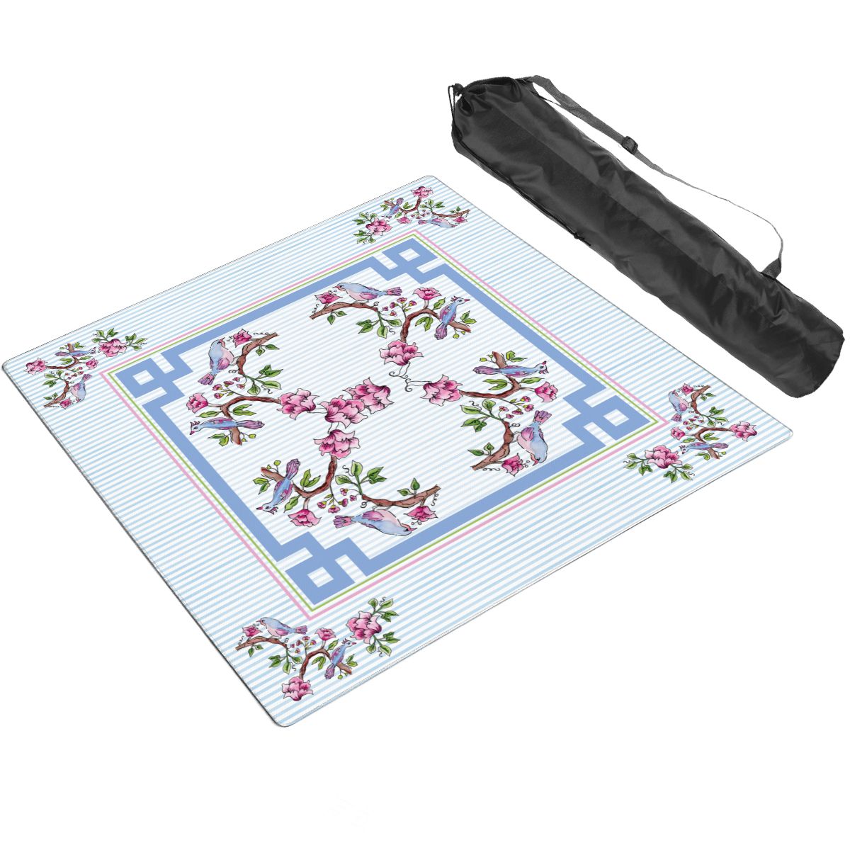 A square cross-stitch pattern sheet with a traditional Chinese floral and bird design, shown alongside its black carrying case on a white background.