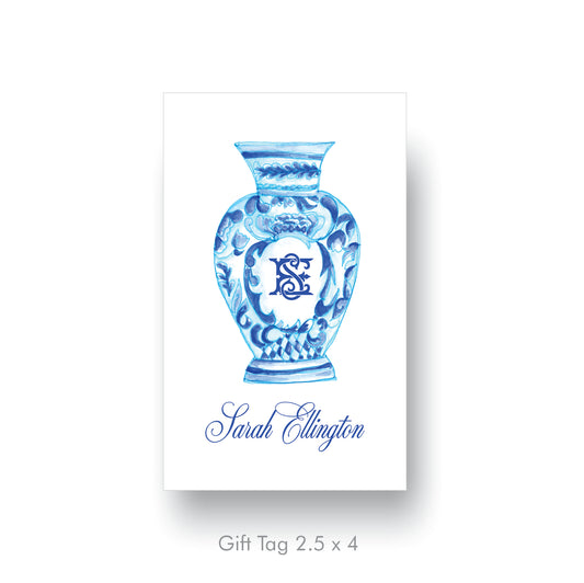 Blue Chinoiserie Vase Monogram Gift Tag