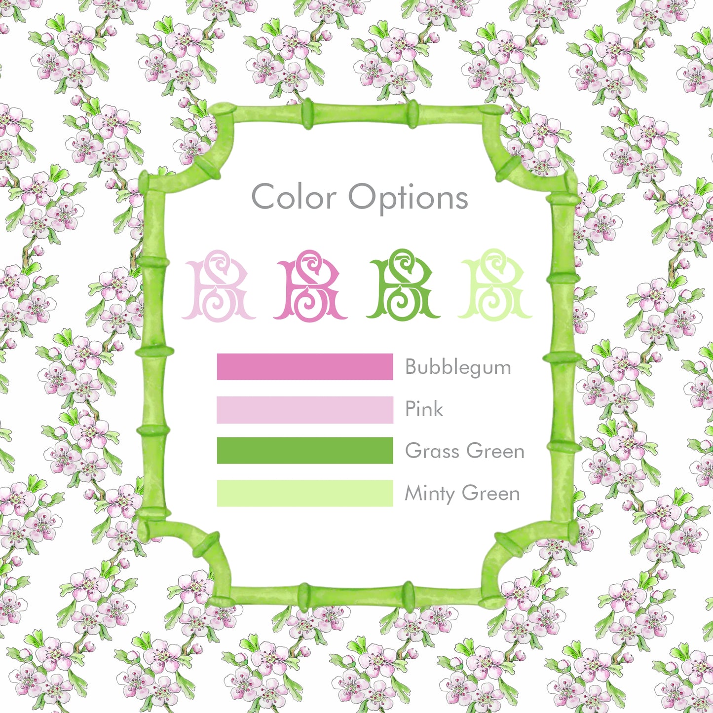 Color swatch chart with floral border and color options on a white background