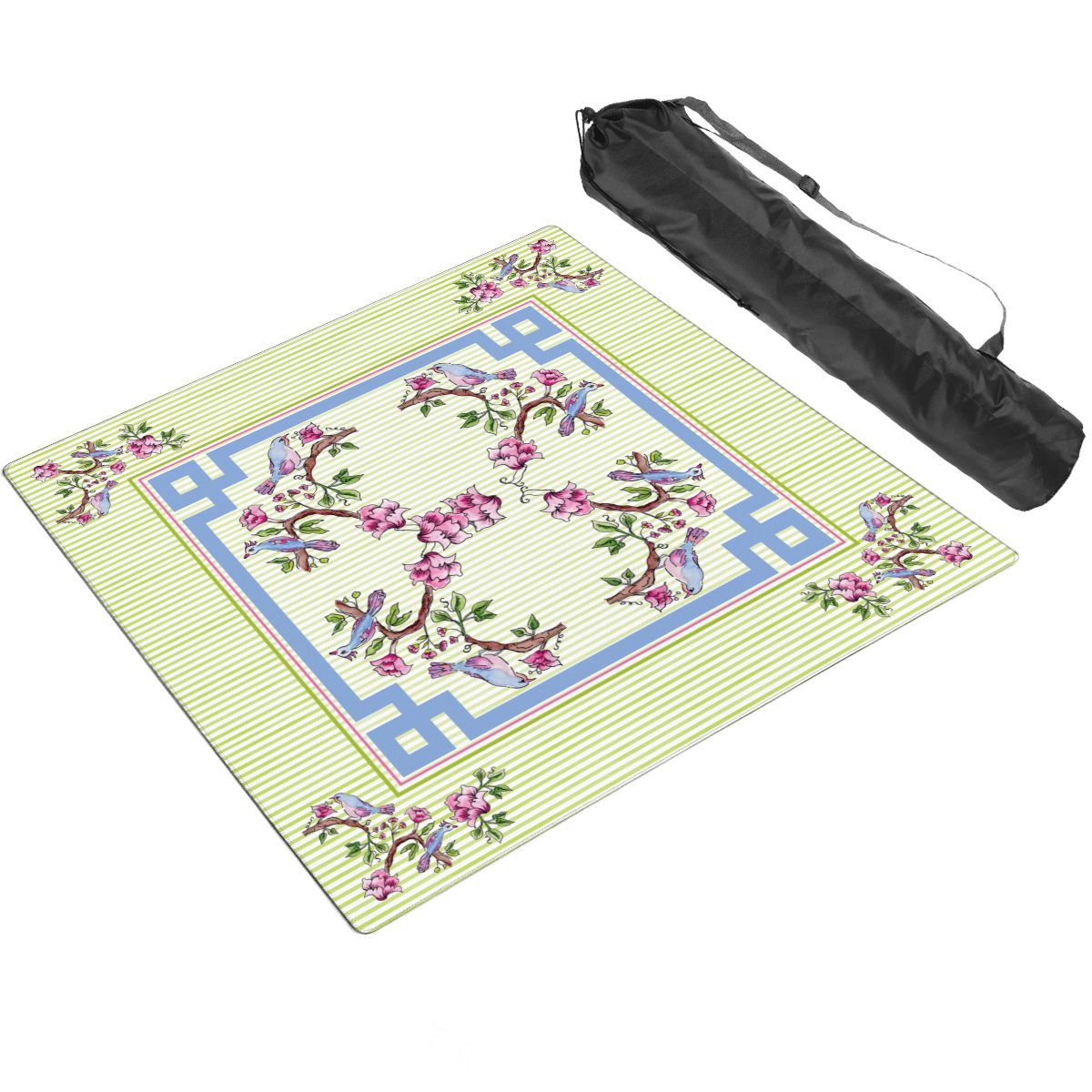 A square needlepoint canvas with a traditional Chinese-style border design featuring pink flowers, blue birds, and green leaves on a pale green and white striped background, shown next to its black carrying bag on a white background.